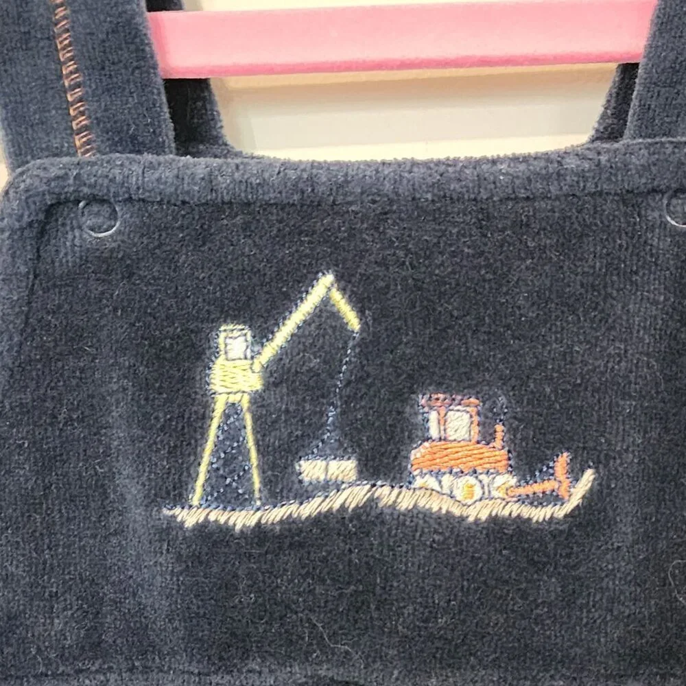 Kissy Kissy baby boy blue velour overalls 12-18 m Construction Vehicles